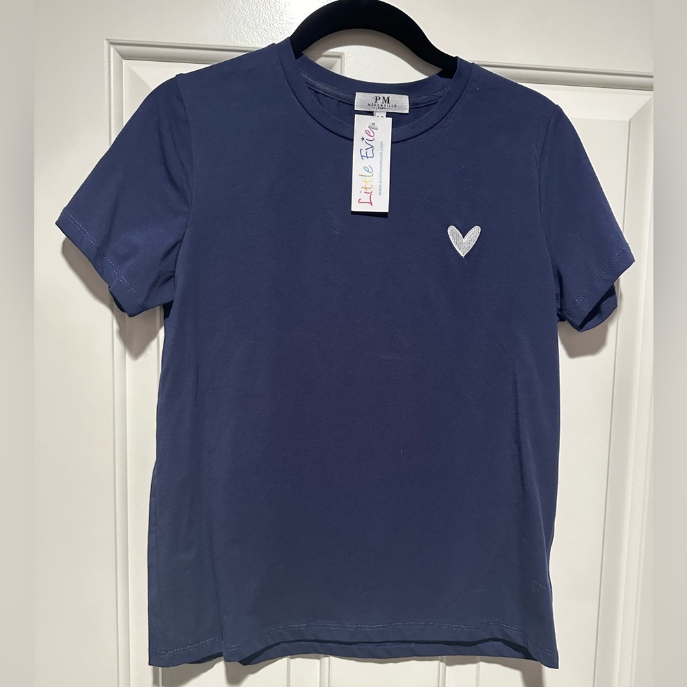 NWT Girls Navy Blue T-Shirt with White Embroidered Heart Size 16 UK Brand